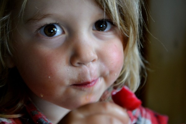 En liten tjej äter rädisor. 